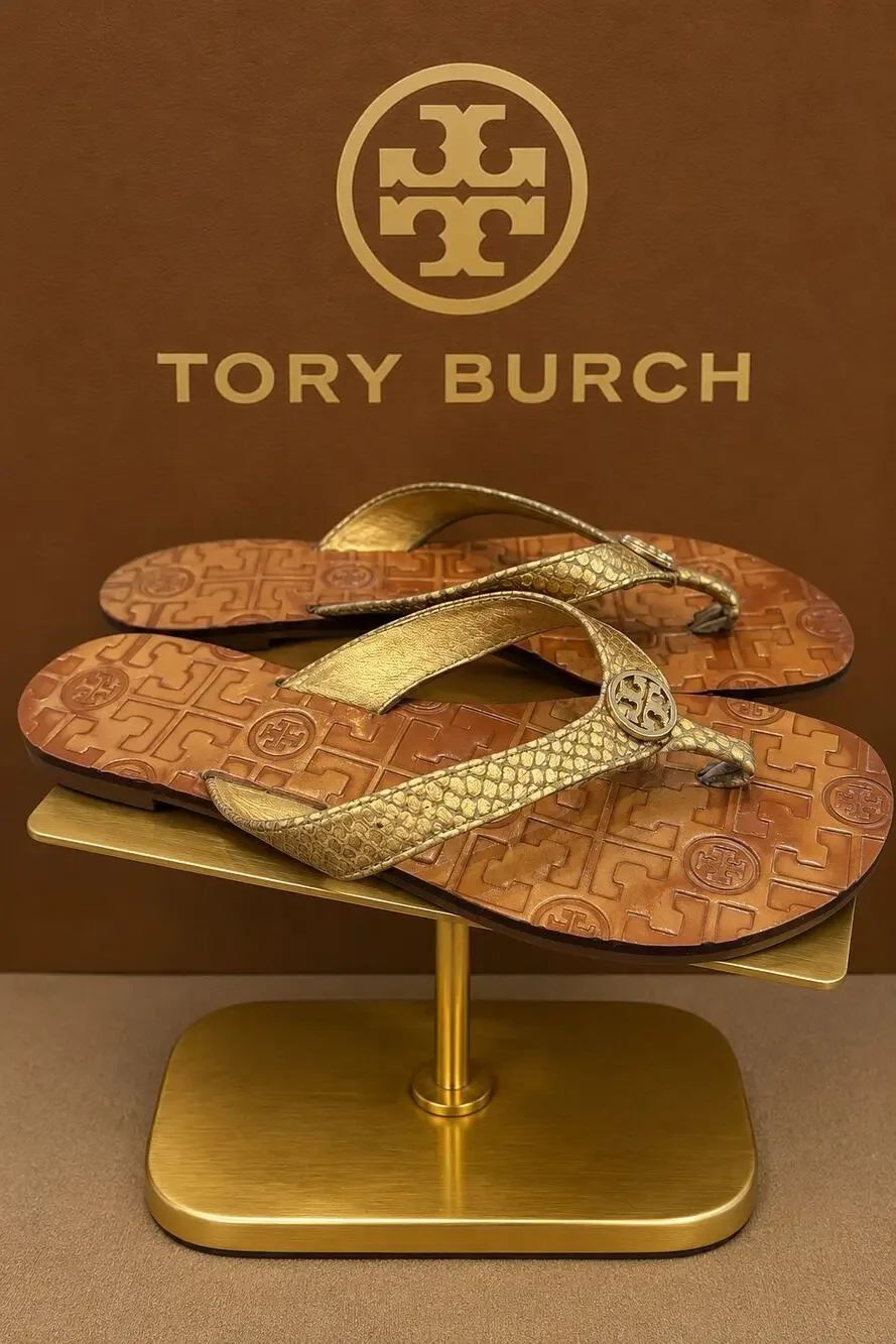 Tory Burch Thora 2 Metallic Tumbled Snake Print Gold Flip Flops 7